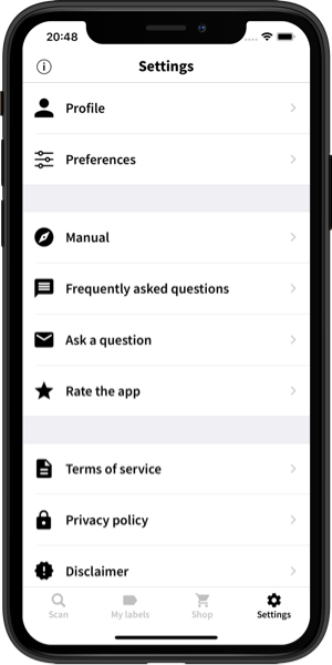 Screenshot of the Speechlabel app where the Settings tab is selected