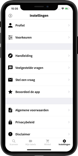 Afbeelding van de Spraaklabel app waarbij de Instellingen tab is geopend.